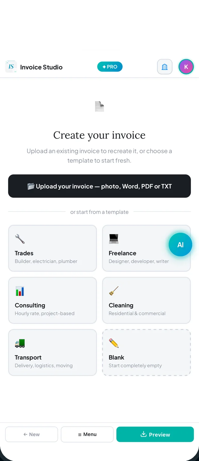 Invoice Studio home screen with templates and AI upload